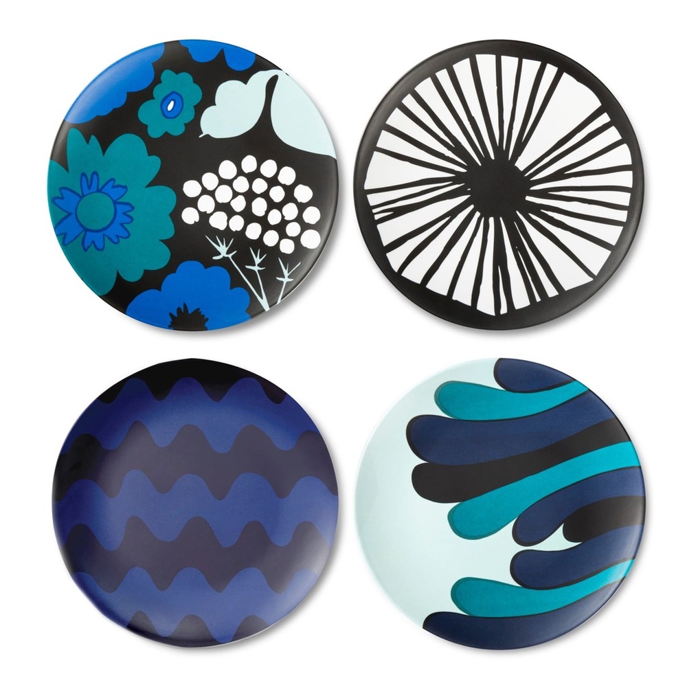 Marimekko for Target Blue, Teal, Black and White Patterned Salad Plate Set